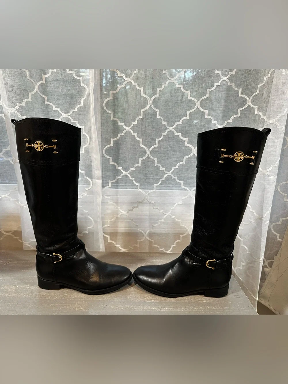 Tory Burch Nadine Black Leather Knee High Riding Boots Gold Logo Medallion 8